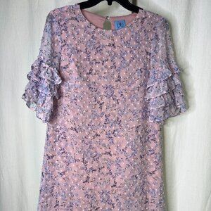 CeCe Whispering Blossoms Pink & Purple Chiffon Lined Dress Tiered Sleeves Size 0